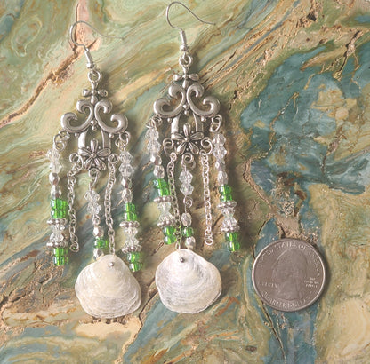 Beautiful Jingle Shell Chandelier Earrings(with green and silver sparkle)