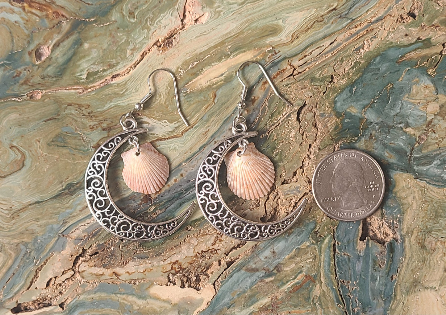 Stunning Moon Dangle With Scallop Shell Earrings