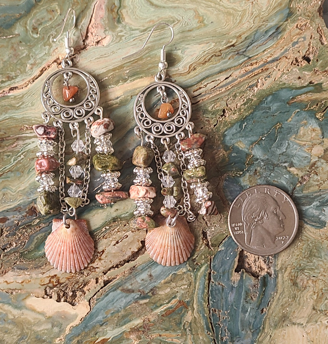 Burnt Orange Scallop Shell Chandelier Earrings