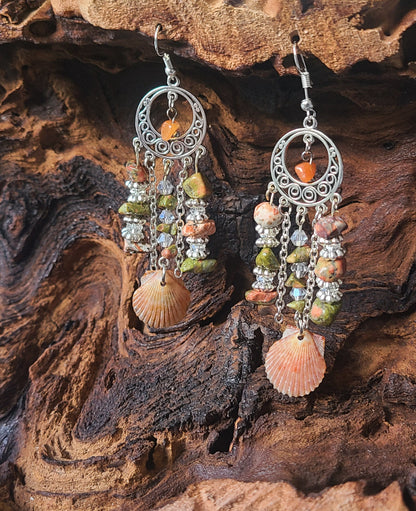 Burnt Orange Scallop Shell Chandelier Earrings