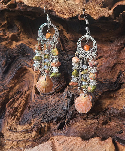 Burnt Orange Scallop Shell Chandelier Earrings