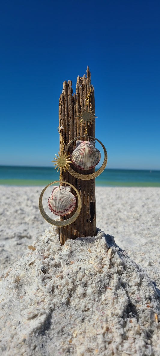 Scallop Shell & Gold Sun Hoop Earrings