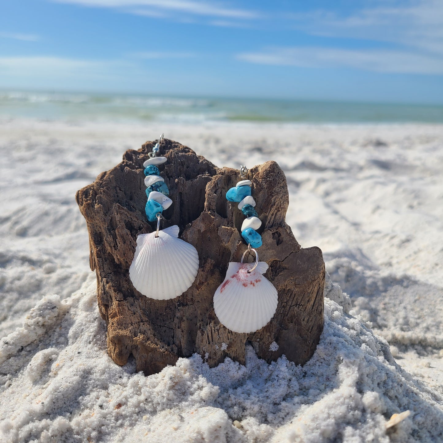 White Scallop Shell with Turquoise & White Accents Earrings