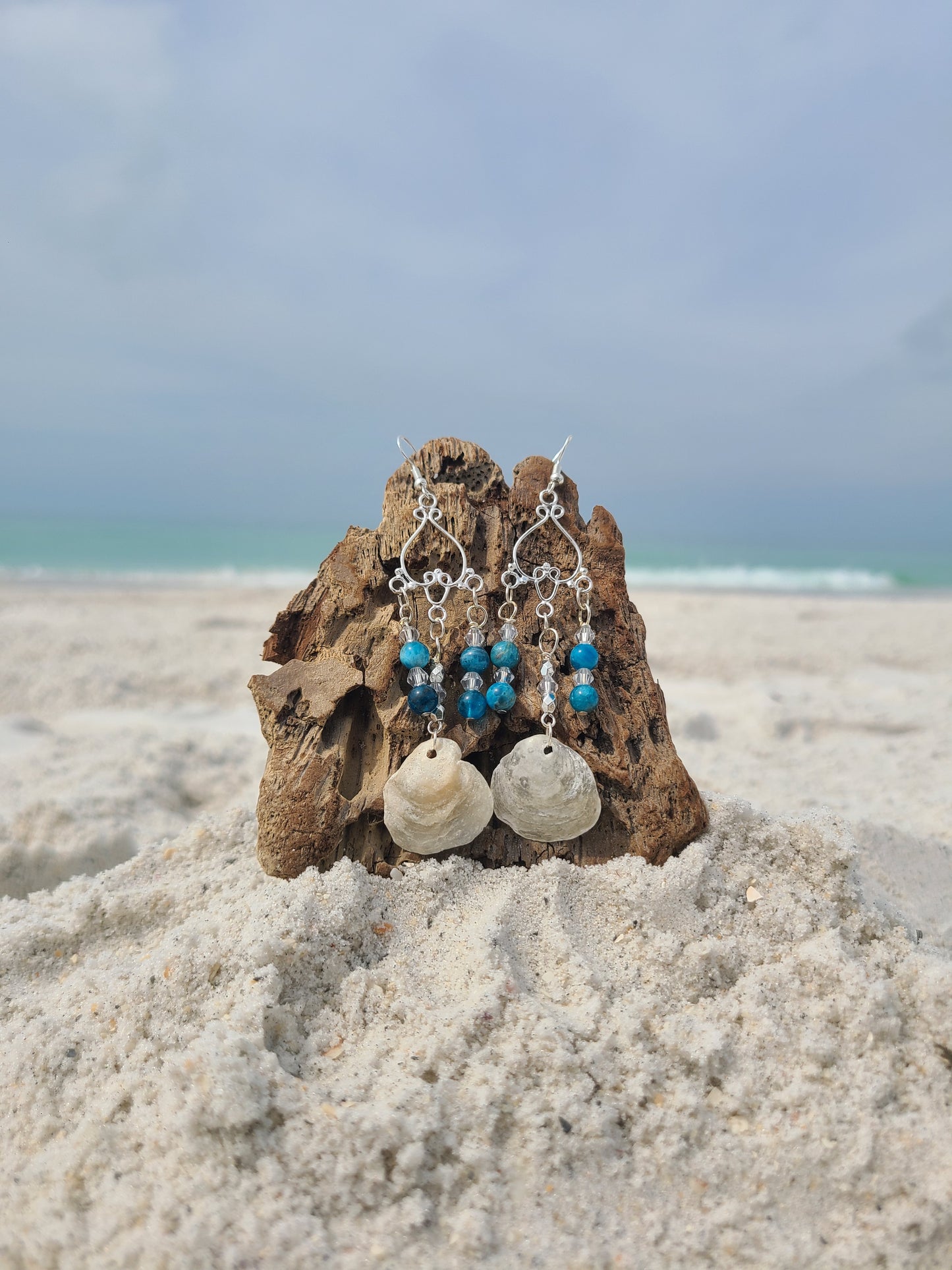 Amazing Jingle Shell Chandelier Earrings with Sea Green Accents