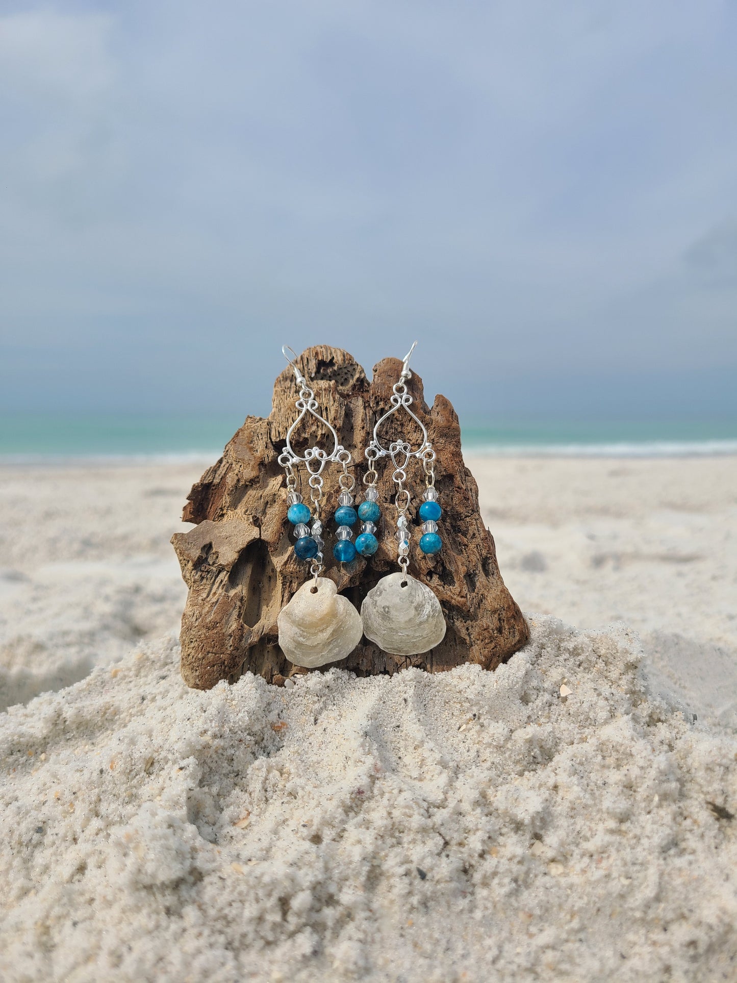 Amazing Jingle Shell Chandelier Earrings with Sea Green Accents