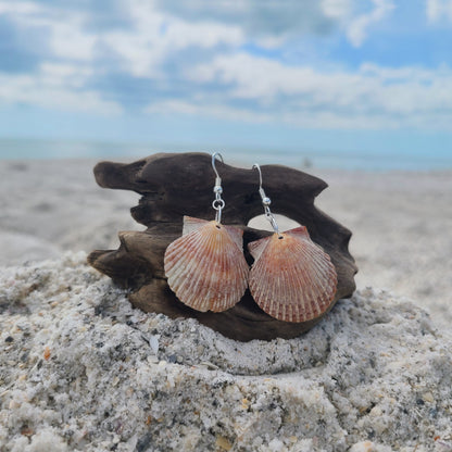 Burnt Orange Bay Scallop Shell Drop Earrings