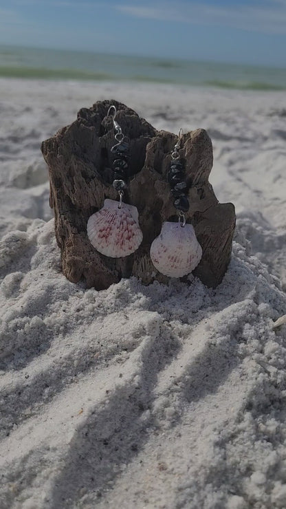 White/Calico Scallop Shell with Black Accents Earrings