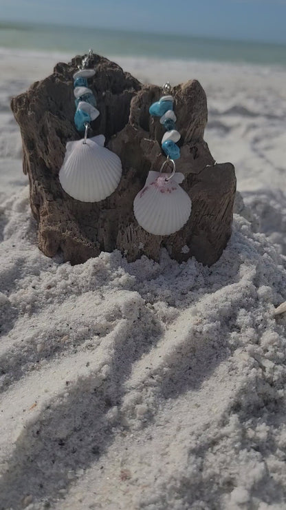 White Scallop Shell with Turquoise & White Accents Earrings